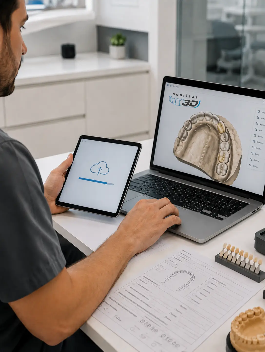Profesional preparando y enviando un caso dental digital con archivos STL a Sonrisas 3D